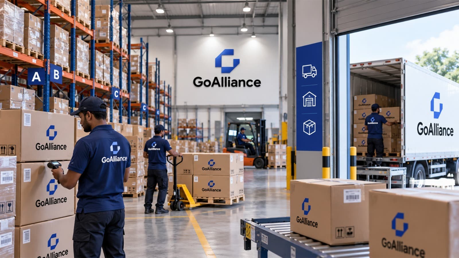 GoAlliance warehouse staff scanning branded cartons and loading a delivery truck