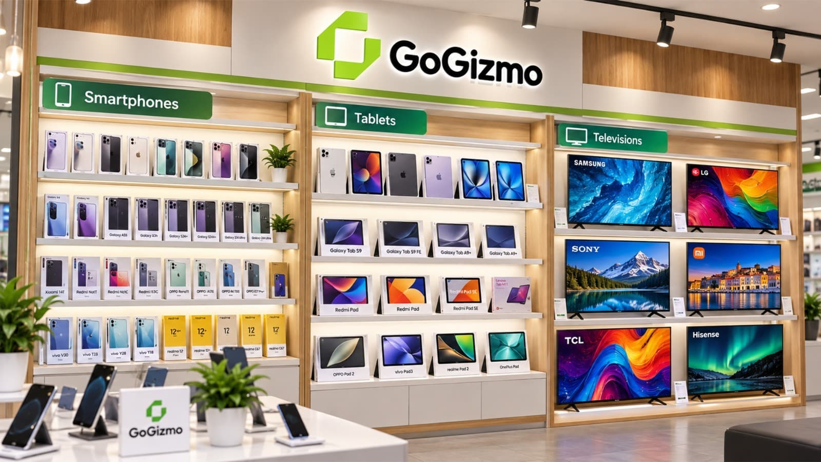 A GoGizmo store wall displaying smartphones, tablets and televisions under category signage